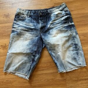 Kilogram  Distressed Faded Blue Denim Mens Button Fly Jean Bermuda Shorts 34